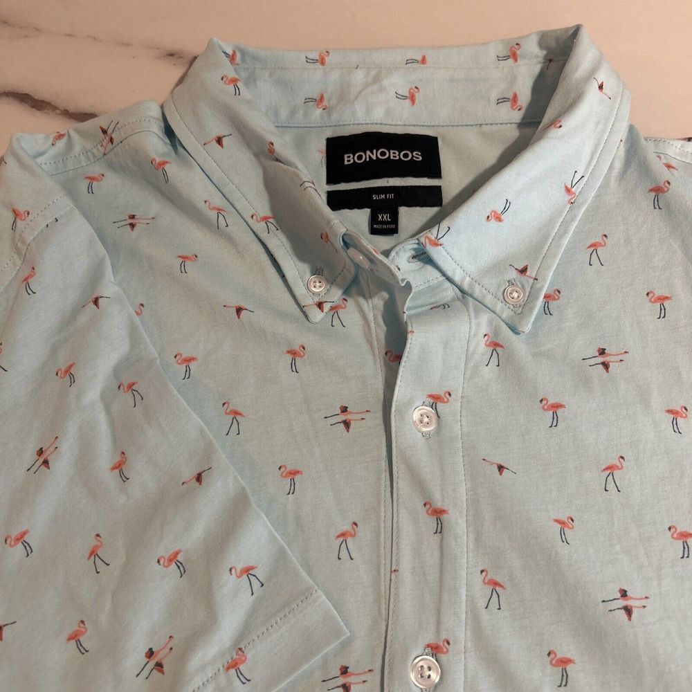 Bonobos Golf Polo Shirt Mens XXL Slim Fit Flamingo All Over Print Pergormance
